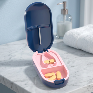 Boîte de rangement portable pour pilules avec coupe-pilules, bleu rose, double compartiment pour l'organisation quotidienne des médicaments - Product Image 3