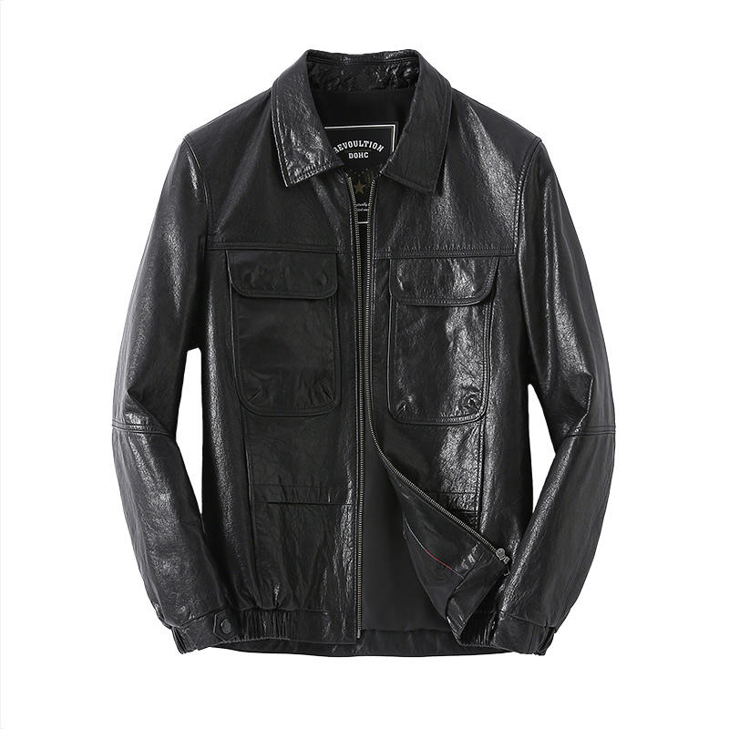 New Arrival Men's Oil Wax Sheep Leather Bomber Jacket Pockets Motorcycle  Leather Jacket