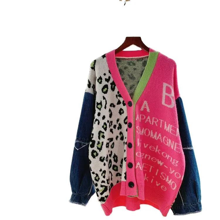 빈티지 독특한 패션 캐주얼 가을 겨울 따뜻한 다채로운 차단 패치 워크 데님 니트 스웨터 카디건 여성 스웨터