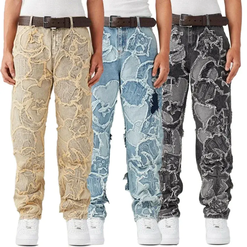 DiZNEW Custom Herren Vintage Denim Hip Hop gewaschene bestickte Distressed Pants Flare Stacked Jeans