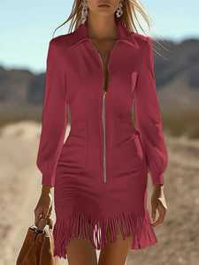 Abito Mini Vintage con Maniche Lunghe Elasticizzate e Frange, Design <span class=keywords><strong>Retrò</strong></span> Elegante, Perfetto per l'<span class=keywords><strong>Abbigliamento</strong></span> Casual, Moda Femminile - Product Image 5