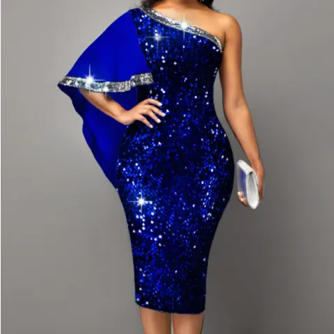 Party Mini Ladies Pencil Dresses Skew Neck Sequin Royal Blue Dress