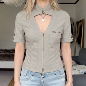 Street Style Vintage Stand Collar <b>Patchwork</b> Hollow Out Cargo <b>Shirt</b> Zipper Cardigan Casual Short Sleeve - Product Image 1