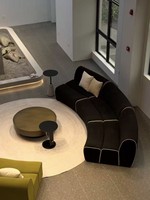 Canapé modulaire en forme de U de style mid-century vintage en cuir noir à bords orange, conçu par un designer nordique
