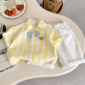 Ensemble de vêtements d'été pour garçon 2026, <span class=keywords><strong>polo</strong></span> rayé jaune + short blanc, ensemble de 2 pièces, tenue de <span class=keywords><strong>prince</strong></span> - Product Image 2