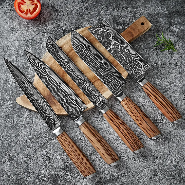 Houten Handvat Japanse Chef VG10 Keukenmes Damascus Stalen Messen Groothandel Damascus Mes Set