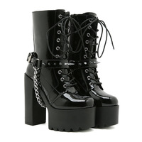 Bottes mi-mollet pour femme à talon épais et plateforme, style punk avec rivets et boucle de ceinture, talon aiguille de 14 cm, pour performance scénique et mode