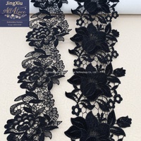 Ruban de dentelle brodé noir en gros avec motifs floraux ronds et ajourés en forme de feuille pour la décoration de vêtements de mode pudique