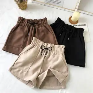 Pantalones de pierna ancha para mujer y niña, Shorts informales de lana, holgados, gruesos, coreanos, de cintura alta, Color sólido, nueva moda