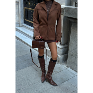 Veste en daim marron automne-printemps avec pompons en cuir de mouton, logo personnalisé, style bomber oversize, taille XL, polyester - Product Image 5