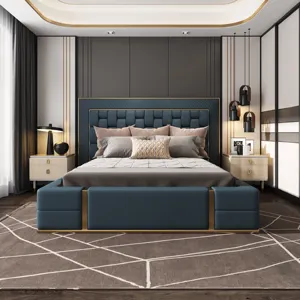 Foshan mobilya toptan İskandinav yatak odası yatak tasarım mobilya lüks ahşap deri çift king-size yatak set mobilya
