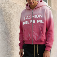 Sweat à capuche zippé pour homme, dégradé rose, avec imprimé slogan, poche kangourou, coupe oversize, style streetwear vintage, veste décontractée