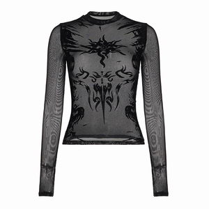 Women's Abstract Graphic Sheer <b>Mesh</b> <b>Crop</b> <b>Top</b> Subculture Y2K Long Sleeve Cover-Up Crew Neck Lace Belt Blouse Sexy Streetwear - Product Image 6