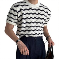 Pull tricoté à manches courtes pour homme, à rayures ondulées et ajouré, col rond, respirant, style preppy, en maille de soie glacée, polyester et coton