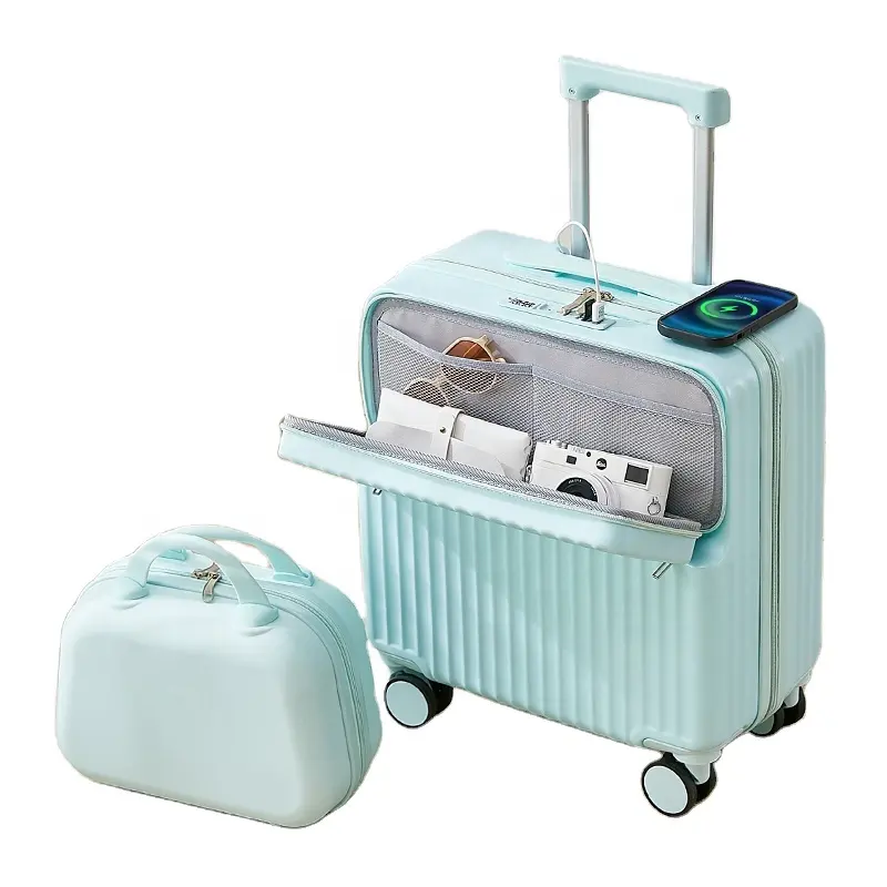 2024baru Set koper perjalanan koper kustom dengan tas rias untuk Set koper perjalanan terbuka depan luar ruangan tas bepergian Set troli