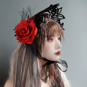 Lolita Fashion French Death Witch One-Piece Bowler Hat Halloween <b>Rose</b> Topper 100% Cotton Felt Cloth Cosplay Hair Accessories - Product Image 4