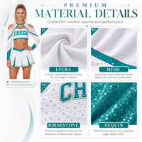 Uniforme de Porristas Personalizado, Blanco y Verde Azulado, con Pedrería, Cuello de Rejilla, Hombros Descubiertos, Espalda en X, Top Corto de Manga Larga y Falda Plisada