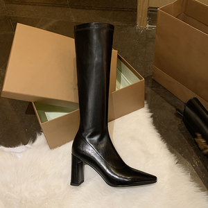 Модные сексуальные женские сапоги до колена на массивном каблуке с острым носком, однотонные, мягкие и удобные, для повседневных и торжественных мероприятий - Product Image 6