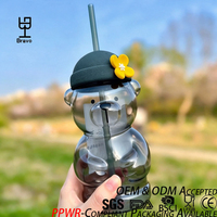 Gelas Sedotan Beruang Lucu dengan Baret Bunga Abu-abu Smoky, Tumbler Borosilikat Tinggi, Gelas Kopi Susu Custom dengan Tutup Sedotan, Hadiah