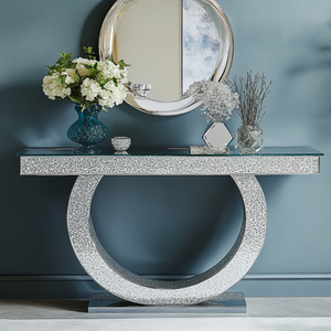 Table <span class=keywords><strong>Console</strong></span> élégante <span class=keywords><strong>en</strong></span> <span class=keywords><strong>verre</strong></span> semi-circulaire à carreaux Offre Spéciale de <span class=keywords><strong>haute</strong></span> qualité argent scintillant miroir diamant Table de couloir salon - Product Image 3