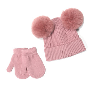 Double Pompom Knit Ribbed Kids Beanie Baby Hat <strong>Hand</strong> <strong>Gloves</strong> Set - Product Image 2