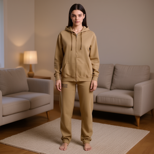 HDJ Women <b>Tracksuit</b> Set Camel Hooded Zipper Sweatshirt Pants Loose Fit Casual Autumn Wear Full Length Breathable <b>Polyester</b> - Product Image 2