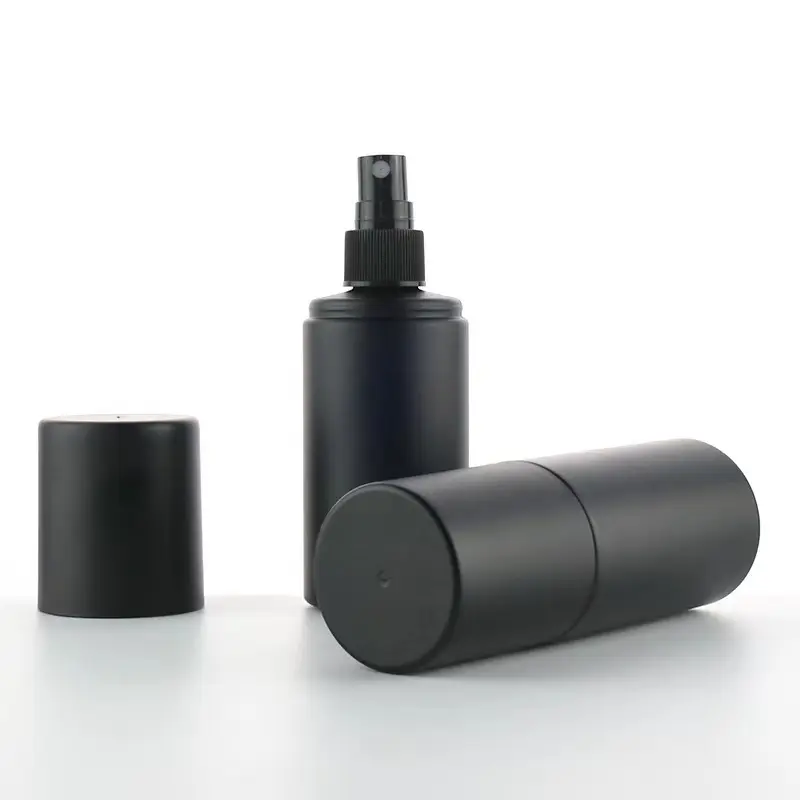 Botol pompa semprot hitam Matte plastik PET 120ml untuk botol semprot kabut bulat warna kustom kosmetik