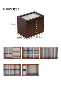 Elegante organizador de joyas Vintage de 2 capas de madera de Paulownia maciza con asas de bronce, caja de almacenamiento superior de vidrio, barniz de aceite de nuez - Product Image 5