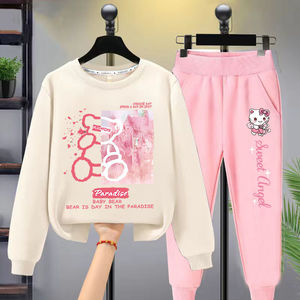 Nouvel Ensemble Décontracté d'Automne 2025 pour Filles, Ensemble Deux Pièces Rose Chatons Style Occidental en Tissu Coton pour Enfants de 7 Ans - Product Image 1