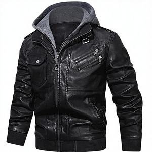 Nouvelles vestes en cuir pour hommes, style automne, décontractées, pour moto, en PU respirant, pour l'extérieur, vintage, avec fermeture éclair frontale, logo, chaudes, à capuche - Product Image 5