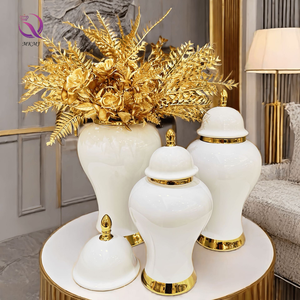 Jarrón General Blanco de Alta Gama con Tapa de Lujo Ligero Chapado en Oro Tipo Jengibre Estilo Europeo Florero de Cerámica Blanco Puro para Decoración del Hogar - Product Image 1