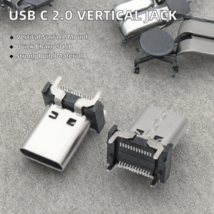 Conector USB C 2.0 Hembra de Acero Inoxidable, 15 mm de Altura, Tipo C Vertical SMT, Puerto de Cable de Carga, Alta Visibilidad, 3A/5A - Product Image 2