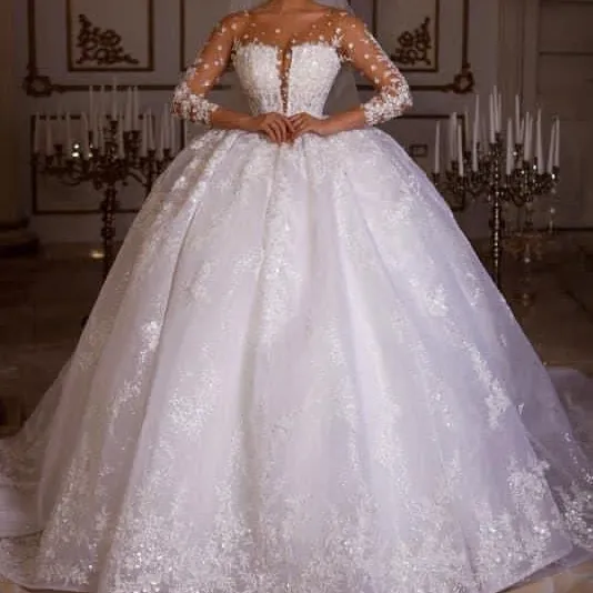 S0676H Color Mesh Lace Long Sleeve High Waist Diamond Decoration 3D Stereo Flower Bridal Wedding Dress