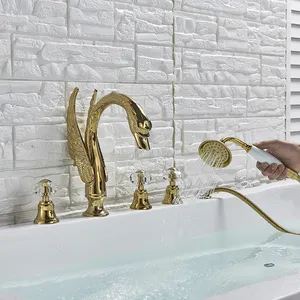 Torneira pia do banheiro dourado misturador, torneira cisne estilo vessel com chuveiro manual, banho, torneira, torneira