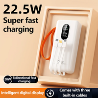 Nouvelle conception de batterie externe portable 30000 mAh, charge rapide PD 22,5 W, écran LED, sortie USB-C, batterie externe 30000 mAh avec câble intégré, lumière