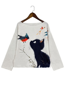 Damen Schwarzer Katzen- & Vogel-Strickpullover 2026 Künstlerischer Erzählungs-Jumper 100% Polyester Digitaldruck Lässiges Weißes Langarm-Oberteil - Product Image 4