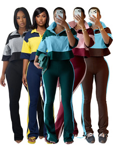 2026 <strong>Women's</strong> Autumn <strong>Clothing</strong> Color Block Polo T-shirt &amp; Flared Pants with Side Stripes <strong>for</strong> <strong>Women</strong> 2-Piece Set - Product Image 1