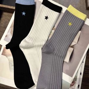 Embroidered Star Color Block Mid Calf <b>Socks</b> For Women Pure Cotton Casual Sport <b>Socks</b> Black White Gray Youth Size - Product Image 1