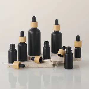 Frosted Black Glass Dropper Bottle For Essential Oil Empty Bamboo Hair Oil Bottle Beard Care Oil Glass Bottle With Dropper