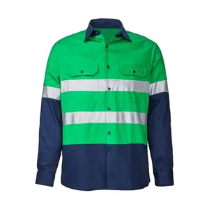 Hot Sale High Visibility Cotton Drill Green / Navy Hi Vis Industrial Long Sleeve Reflective Safety Work Shirt