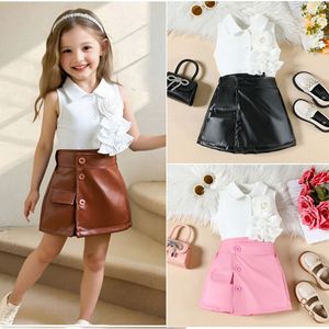 Ensembles deux pièces pour filles d'été, chemise sans manches à fleurs, short à boutons en <span class=keywords><strong>cuir</strong></span>, vêtements pour enfants de haute qualité - Product Image 2