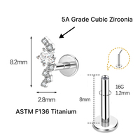 JiaXin ASTM-F136 Piercing Corporal de Titanio Sin Rosca con Parte Trasera Plana, Tipo Labret, Medusa, Concha, Lóbulo, Flor, Circonita Cúbica, 16G
