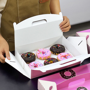 Boîte à donuts personnalisée imprimée 6 pièces avec poignée, emballage de boulangerie de qualité alimentaire résistant à la graisse, boîte cadeau pour pâtisserie, cupcakes, muffins, desserts - Product Image 3