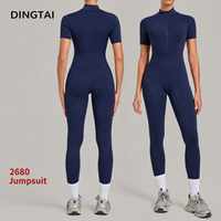 Jumpsuit Yoga Setengah Resleting Wanita Bahan Brushed Unitard Lengan Pendek Pengangkat Bokong Peregangan Empat Arah Panjang Penuh Pakaian Olahraga Gym
