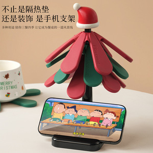 Juego de posavasos de silicona con diseño de árbol de Navidad Piacemar, resistentes al calor, para almacenamiento en mesa con base - Product Image 4