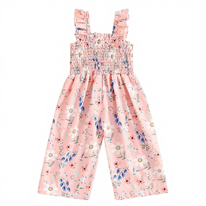 Combinaison pour petite fille, barboteuse smockée, <span class=keywords><strong>salopette</strong></span> à jambes larges à fleurs, sans manches, bretelles, combinaison de jeu, Chine - Product Image 1
