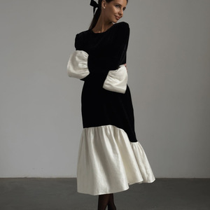 Korean <strong>Velvet</strong> Spring Casual French Stitching Design O-Neck Bell <strong>Sleeve</strong> Loose <strong>Long</strong> <strong>Dress</strong> Women's Clothing - Product Image 1