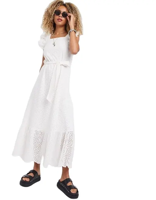 KY Babado Guarnição do Laço Plissado Cintura Hem Maxi Vestido com Decote Quadrado e Puff Mangas Mãe da Noiva Vestidos vestido boêmio Branco