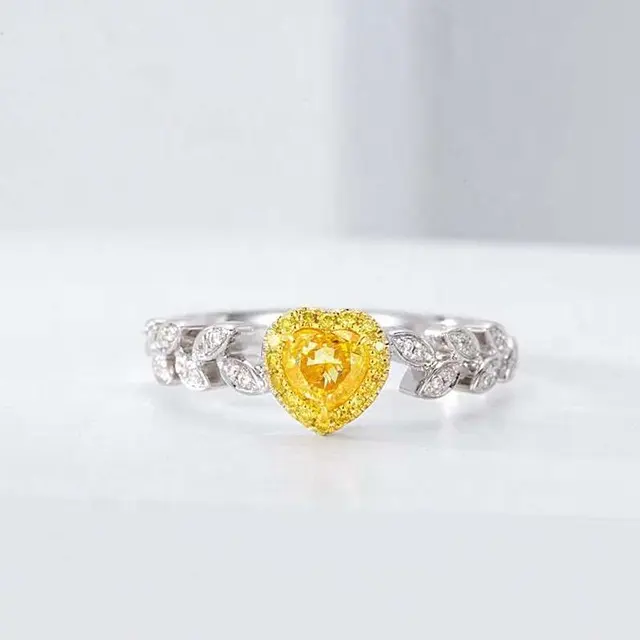 Xinfly venta al por mayor 0.416ct diamante amarillo 18K oro puro corazón hoja dedo banda anillo para niña