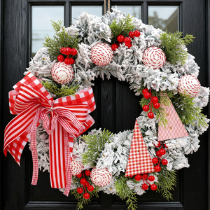 Guirlande de Noël YUELIAN en pin floqué rouge et blanc à carreaux avec nœud, pommes de Noël et baies pour la décoration de la porte d'entrée - Product Image 4